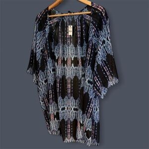 Express Women's Black/Blue‎ Floral Sheer Kimono Cardigan Open Front 3/4 Sleeve
